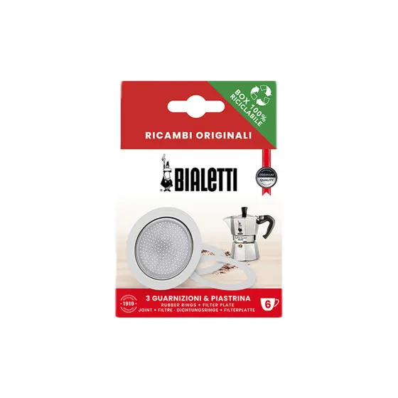 Packningar och filterplatta för Bialetti alum. 6-kopps mokakannor – reservdel