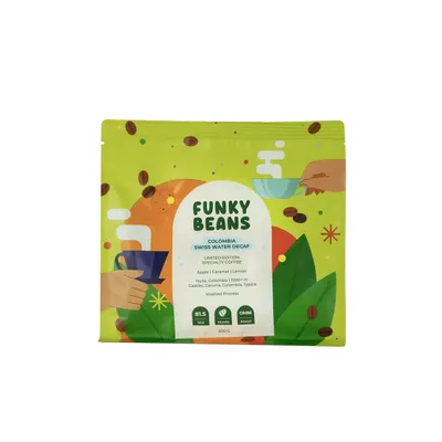 Funky Beans Koffeinfria specialkaffebönor Funky Beans Colombia Swiss Water Decaf, 200 g – kaffebönor